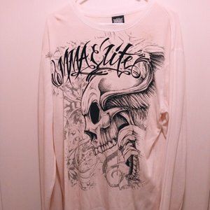 Vintage MMA Elite Size Large Men's T-Shirt Long Waffle Sleeve Skull Gray Cream